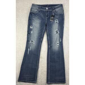 NEW Flamingals Women's Jeans 2XL Blue Stretch Denim Bootcut Embroidered Pockets